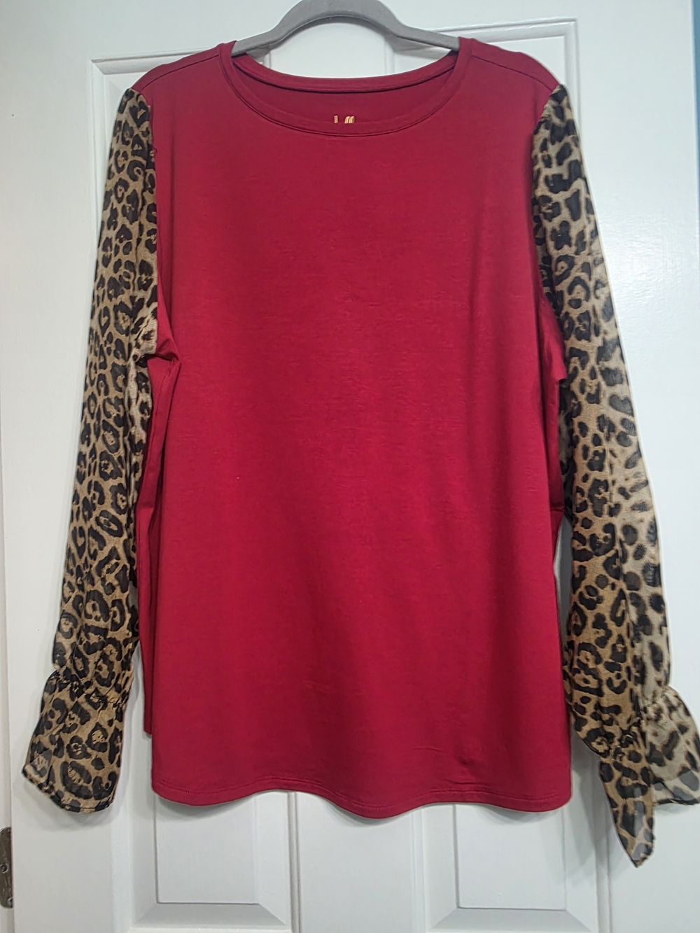 Belle by Kim Gravel Red Top with Leopard Print Sleeves